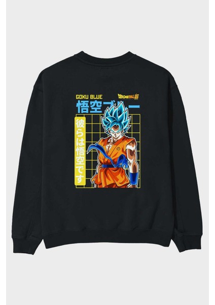 Goku 1 Anime Arka Baskılı Siyah Oversize Sweatshirt Erkek Kadın Bisiklet Yaka