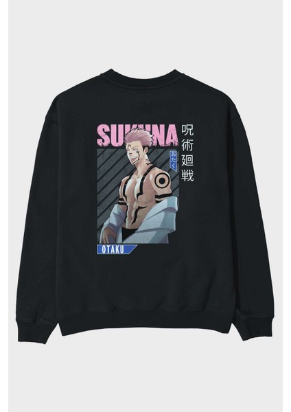 Sukuna Ryoumen Anime Arka Baskılı Siyah Oversize Sweatshirt Erkek Kadın Bisiklet Yaka