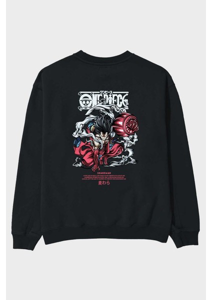 One Piece Snakeman Anime Arka Baskılı Siyah Oversize Sweatshirt Erkek Kadın Bisiklet Yaka