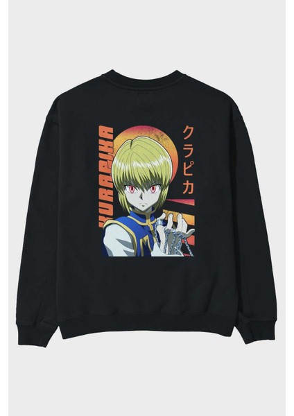 Kurapika 5 (2) Anime Arka Baskılı Siyah Oversize Sweatshirt Erkek Kadın Bisiklet Yaka
