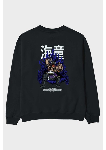 Kaido Anime Arka Baskılı Siyah Oversize Sweatshirt Erkek Kadın Bisiklet Yaka