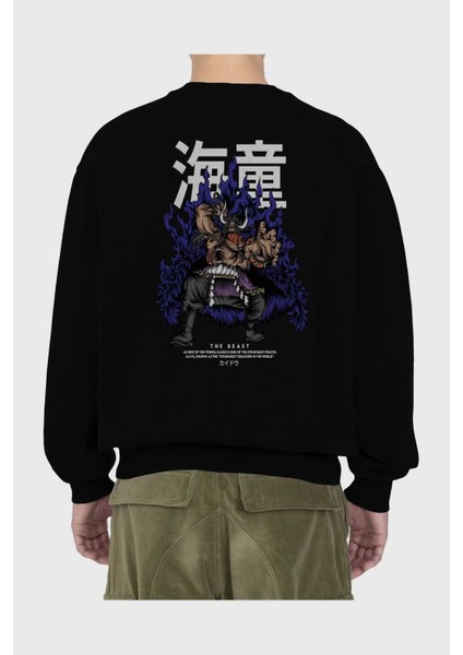 Kaido Anime Arka Baskılı Siyah Oversize Sweatshirt Erkek Kadın Bisiklet Yaka fiyatları