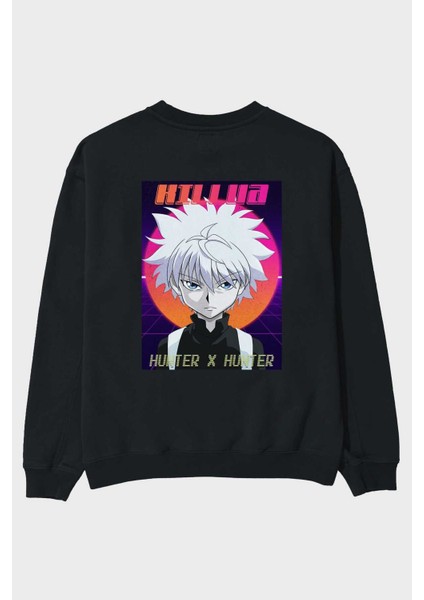 Killua Zoldyck 12 1 Anime Arka Baskılı Siyah Oversize Sweatshirt Erkek Kadın Bisiklet Yaka
