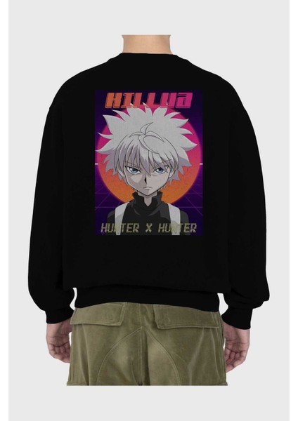 Killua Zoldyck 12 1 Anime Arka Baskılı Siyah Oversize Sweatshirt Erkek Kadın Bisiklet Yaka fiyatları