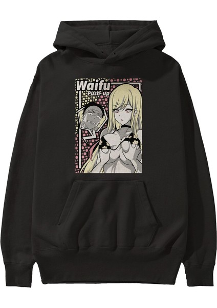 Waifu Pushup Anime Ön Baskılı Siyah Hoodie Oversize Kapüşonlu Sweatshirt Erkek Kadın