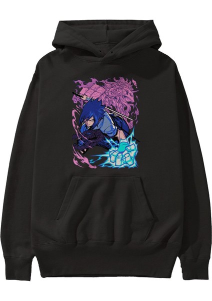 Naruto Sasuke Uchıha 2 Anime Ön Baskılı Siyah Hoodie Oversize Kapüşonlu Sweatshirt Erkek Kadın