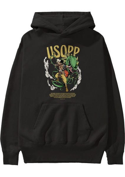 Usopp Anime Ön Baskılı Siyah Hoodie Oversize Kapüşonlu Sweatshirt Erkek Kadın
