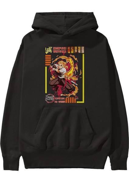 Kyojuro Rengoku Anime Ön Baskılı Siyah Hoodie Oversize Kapüşonlu Sweatshirt Erkek Kadın