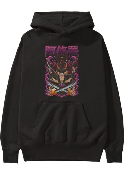 Roronoa Zoro 1 Anime Ön Baskılı Siyah Hoodie Oversize Kapüşonlu Sweatshirt Erkek Kadın