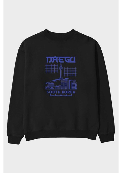 Daegu Ön Baskılı Siyah Oversize Sweatshirt Erkek Kadın Bisiklet Yaka