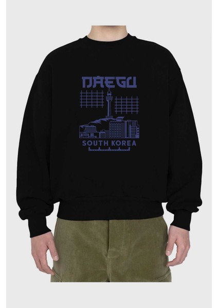 Daegu Ön Baskılı Siyah Oversize Sweatshirt Erkek Kadın Bisiklet Yaka fiyatları