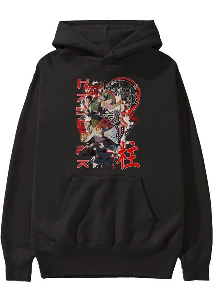 Demon Slayer Slayers Anime Ön Baskılı Siyah Hoodie Oversize Kapüşonlu Sweatshirt Erkek Kadın