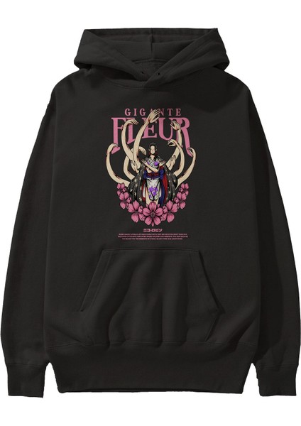 Gigante Fleur Anime Ön Baskılı Siyah Hoodie Oversize Kapüşonlu Sweatshirt Erkek Kadın
