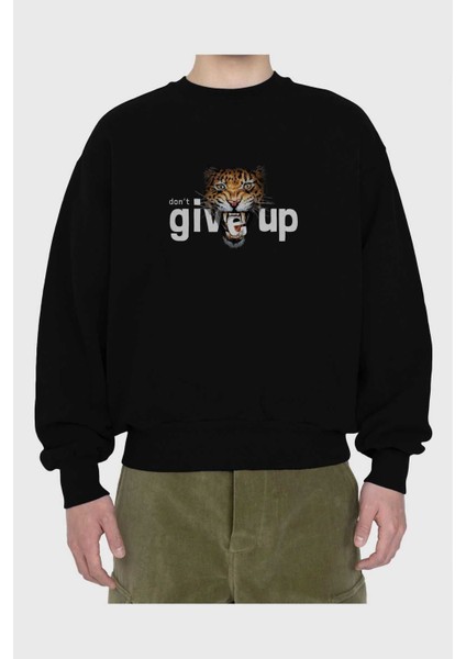 Teddy Bear Dont Give Up Ön Baskılı Siyah Oversize Sweatshirt Erkek Kadın Bisiklet Yaka fiyatları