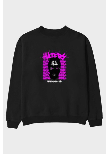 Haters Brooklyn Street Club Ön Baskılı Siyah Oversize Sweatshirt Erkek Kadın Bisiklet Yaka