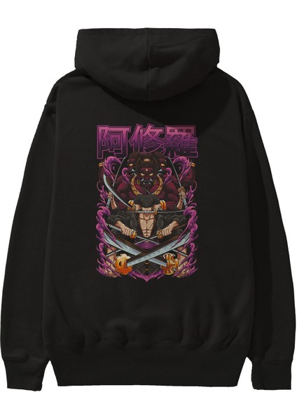 Roronoa Zoro 1 Anime Arka Baskılı Siyah Oversize Kapüşonlu Sweatshirt Erkek Kadın