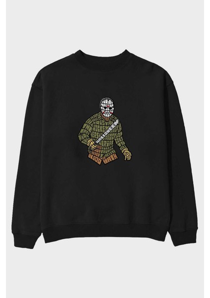 Jason Ön Baskılı Siyah Oversize Sweatshirt Erkek Kadın Bisiklet Yaka
