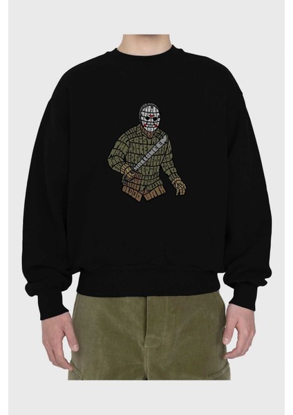 Jason Ön Baskılı Siyah Oversize Sweatshirt Erkek Kadın Bisiklet Yaka fiyatları