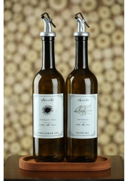 Ahşap Stantlı Amber 2'li 750 ml Zeytinyağı Sıvıyağ Şişesi Yağdanlık Yağlık Cam Şişe