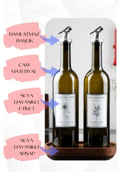 Ahşap Stantlı Amber 2'li 750 ml Zeytinyağı Sıvıyağ Şişesi Yağdanlık Yağlık Cam Şişe