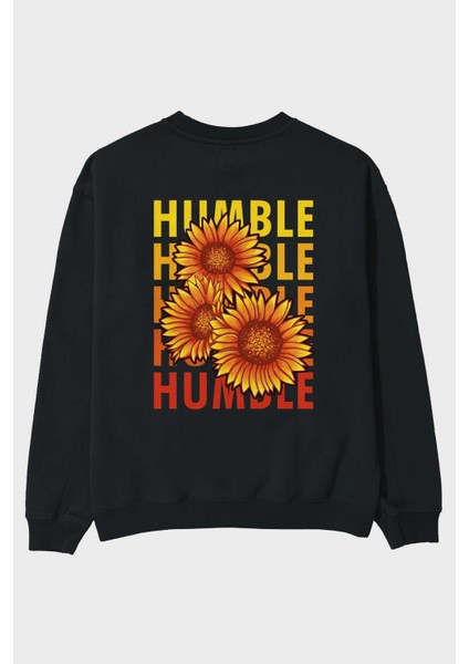 Humble 2 Arka Baskılı Siyah Oversize Sweatshirt Erkek Kadın Bisiklet Yaka