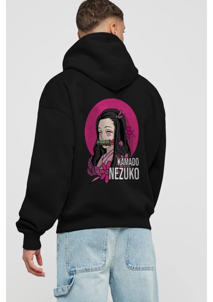 Nezuko Kamado 2 Anime Arka Baskılı Siyah Oversize Kapüşonlu Sweatshirt Erkek Kadın fiyatları