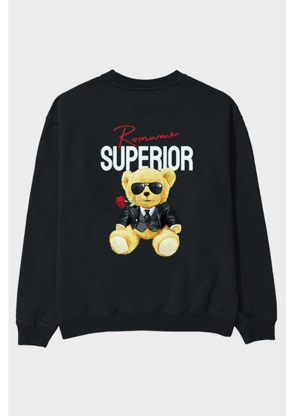 Teddy Bear Romance Arka Baskılı Siyah Oversize Sweatshirt Erkek Kadın Bisiklet Yaka