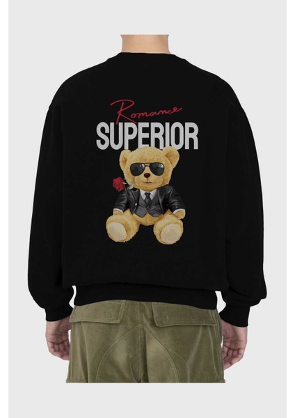 Teddy Bear Romance Arka Baskılı Siyah Oversize Sweatshirt Erkek Kadın Bisiklet Yaka fiyatları
