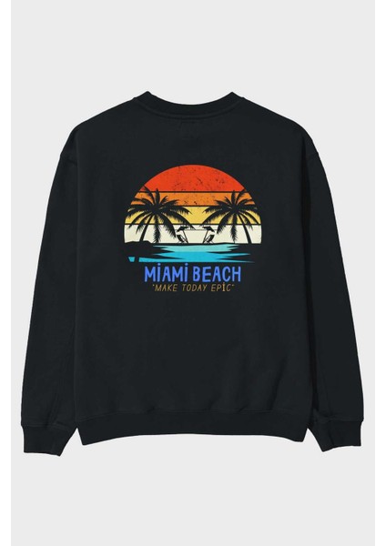 Miami Beach Yazılı Arka Baskılı Siyah Oversize Sweatshirt Erkek Kadın Bisiklet Yaka