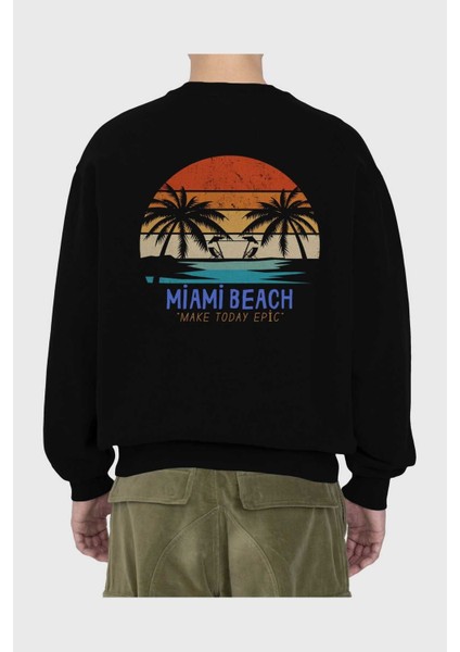 Miami Beach Yazılı Arka Baskılı Siyah Oversize Sweatshirt Erkek Kadın Bisiklet Yaka fiyatları