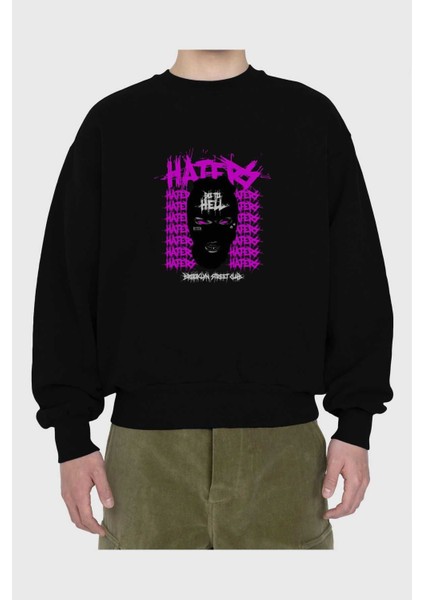 Haters Brooklyn Street Club Ön Baskılı Siyah Oversize Sweatshirt Erkek Kadın Bisiklet Yaka fiyatları