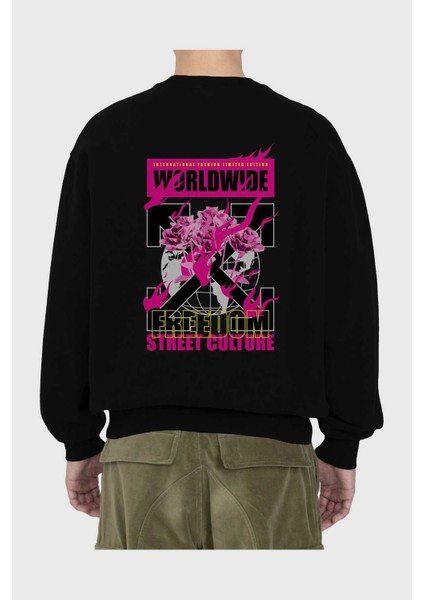 Freedom Street Culture Arka Baskılı Siyah Oversize Sweatshirt Erkek Kadın Bisiklet Yaka fiyatları