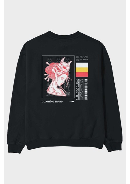 Hipster Japanese Style 2 Arka Baskılı Siyah Oversize Sweatshirt Erkek Kadın Bisiklet Yaka