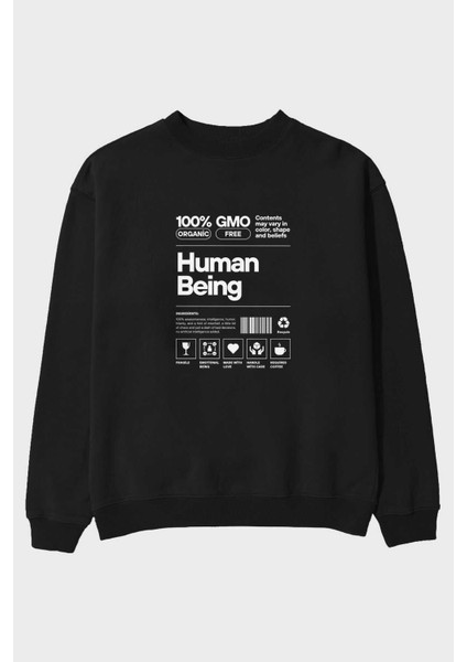 Human Being Ön Baskılı Siyah Oversize Sweatshirt Erkek Kadın Bisiklet Yaka
