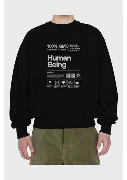 Human Being Ön Baskılı Siyah Oversize Sweatshirt Erkek Kadın Bisiklet Yaka fiyatları