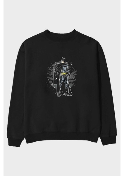 Batman Ön Baskılı Siyah Oversize Sweatshirt Erkek Kadın Bisiklet Yaka