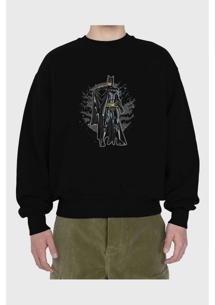 Batman Ön Baskılı Siyah Oversize Sweatshirt Erkek Kadın Bisiklet Yaka fiyatları