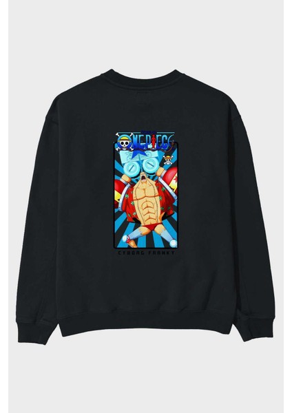 Franky Arka Baskılı Siyah Oversize Sweatshirt Erkek Kadın Bisiklet Yaka