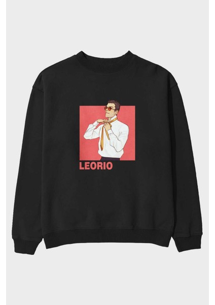 Leorio Paladiknight 5 Anime Ön Baskılı Siyah Oversize Sweatshirt Erkek Kadın Bisiklet Yaka