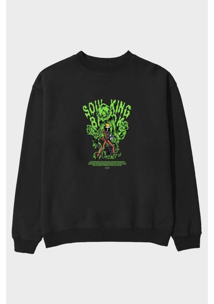 Soul King Brook Anime Ön Baskılı Siyah Oversize Sweatshirt Erkek Kadın Bisiklet Yaka