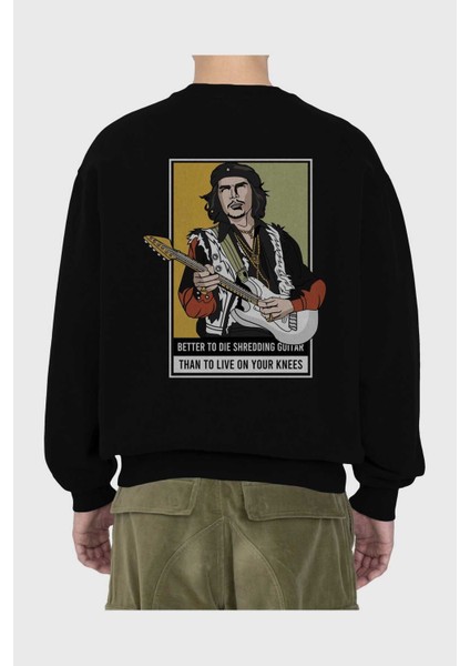Che Guevara Hendrix Arka Baskılı Siyah Oversize Sweatshirt Erkek Kadın Bisiklet Yaka