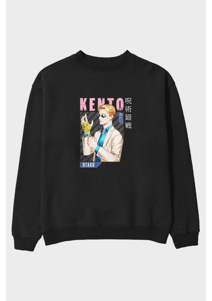 Kento Nanami Anime Ön Baskılı Siyah Oversize Sweatshirt Erkek Kadın Bisiklet Yaka