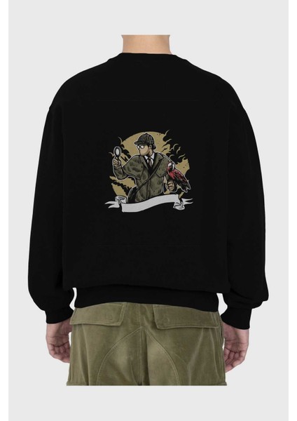 Sherlock Holmes Arka Baskılı Siyah Oversize Sweatshirt Erkek Kadın Bisiklet Yaka fiyatları