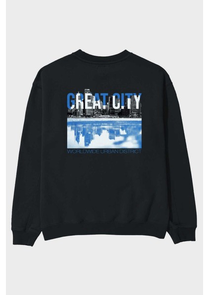 Great City Arka Baskılı Siyah Oversize Sweatshirt Erkek Kadın Bisiklet Yaka