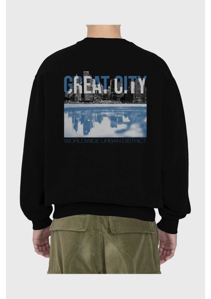 Great City Arka Baskılı Siyah Oversize Sweatshirt Erkek Kadın Bisiklet Yaka fiyatları
