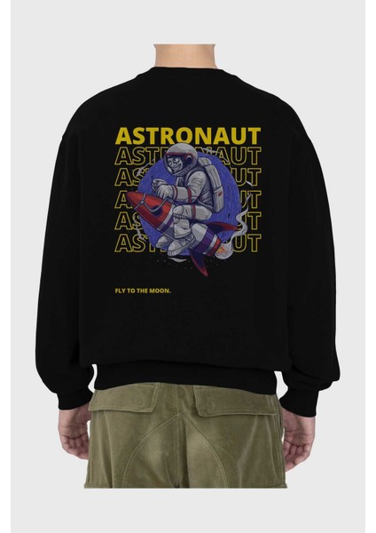 Astronaut Fly To The Moon Yazılı Arka Baskılı Siyah Oversize Sweatshirt Erkek Kadın Bisiklet Yaka fiyatları