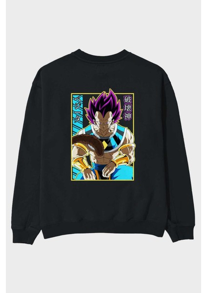 Dragonball Vegetahakaishin Anime Arka Baskılı Siyah Oversize Sweatshirt Erkek Kadın Bisiklet Yaka