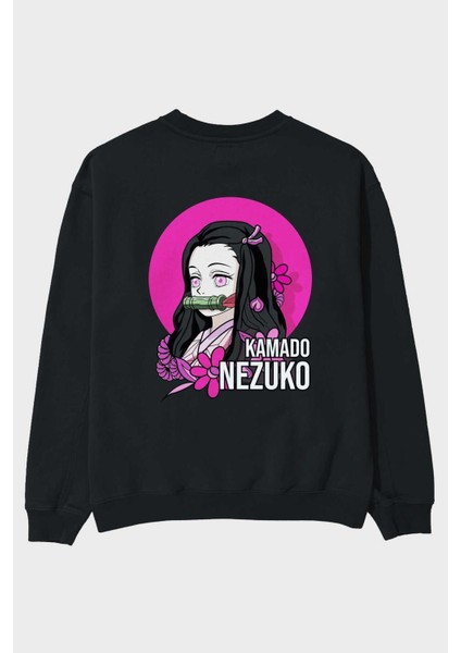Nezuko Kamado 2 Anime Arka Baskılı Siyah Oversize Sweatshirt Erkek Kadın Bisiklet Yaka
