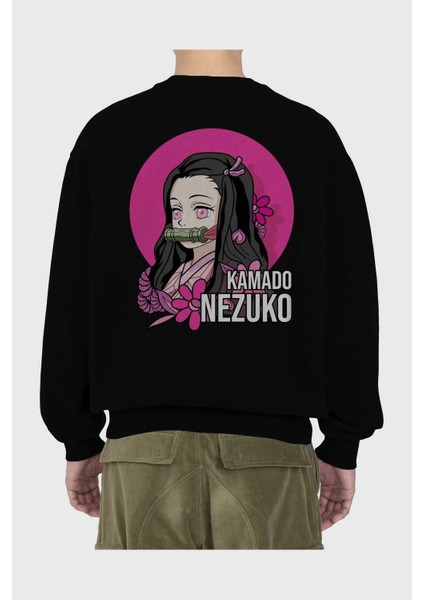 Nezuko Kamado 2 Anime Arka Baskılı Siyah Oversize Sweatshirt Erkek Kadın Bisiklet Yaka fiyatları