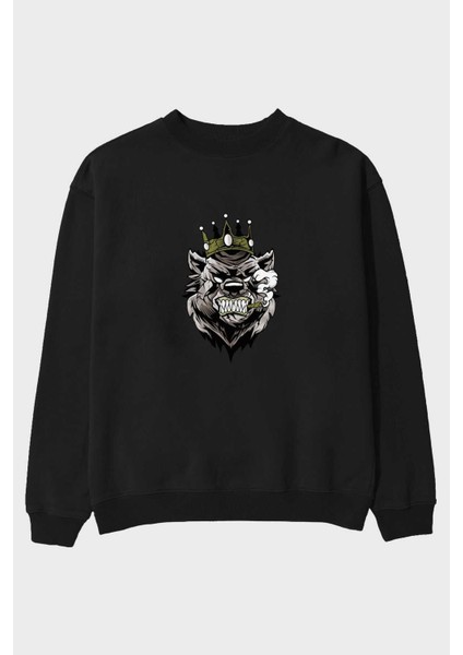 Bear King 2 Ön Baskılı Siyah Oversize Sweatshirt Erkek Kadın Bisiklet Yaka